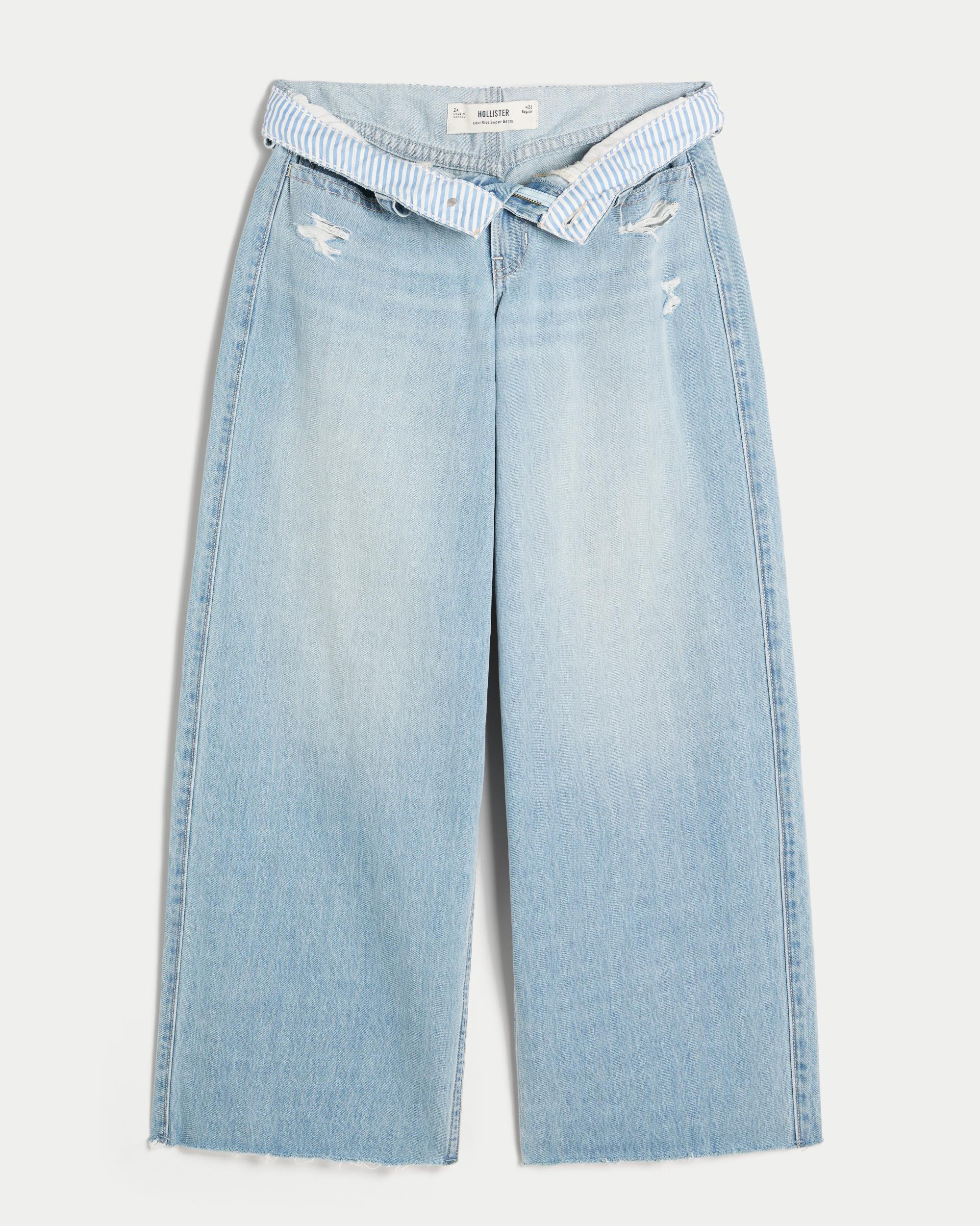 Low-Rise Light Wash Foldover Waist Super Baggy Jeans Product Image