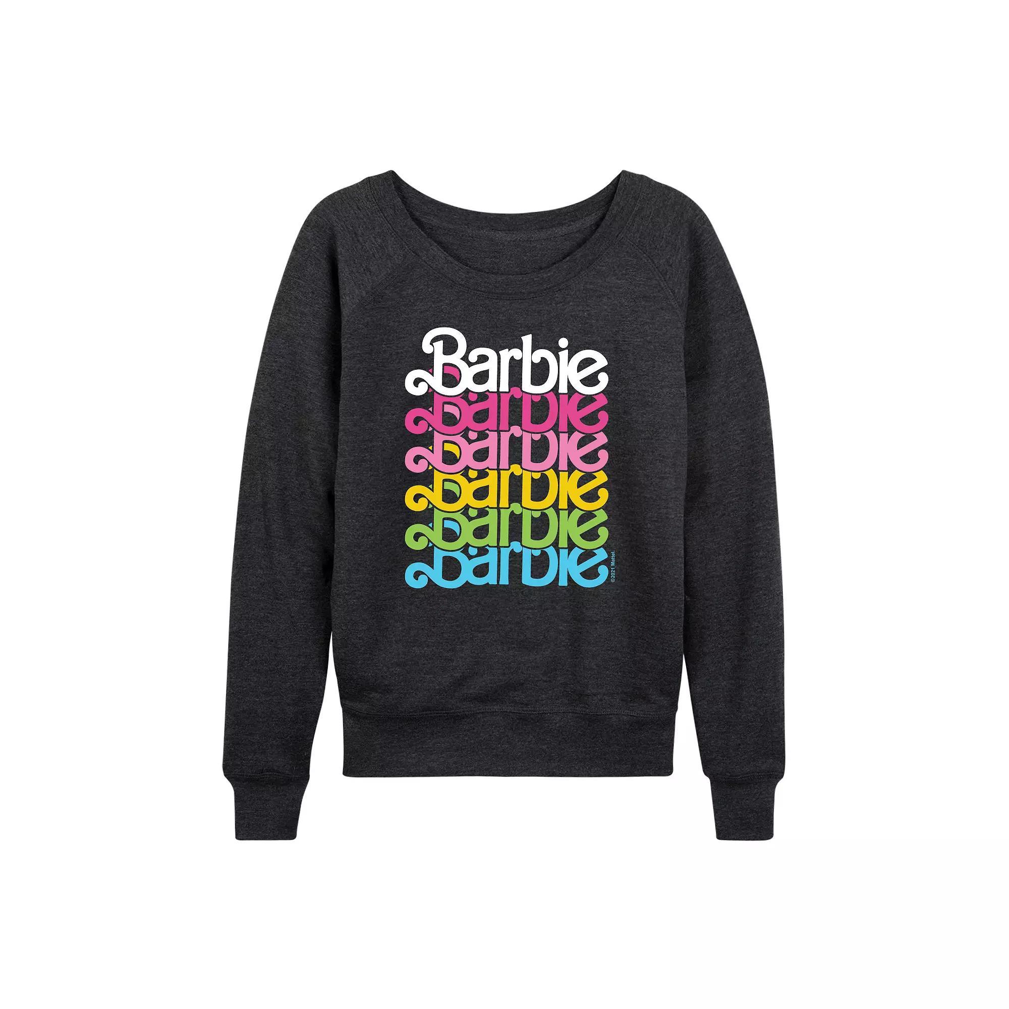 Womens Barbie Logo Stacked Rainbow French Terry Long Sleeve Tee, Girls Heather Grey Product Image
