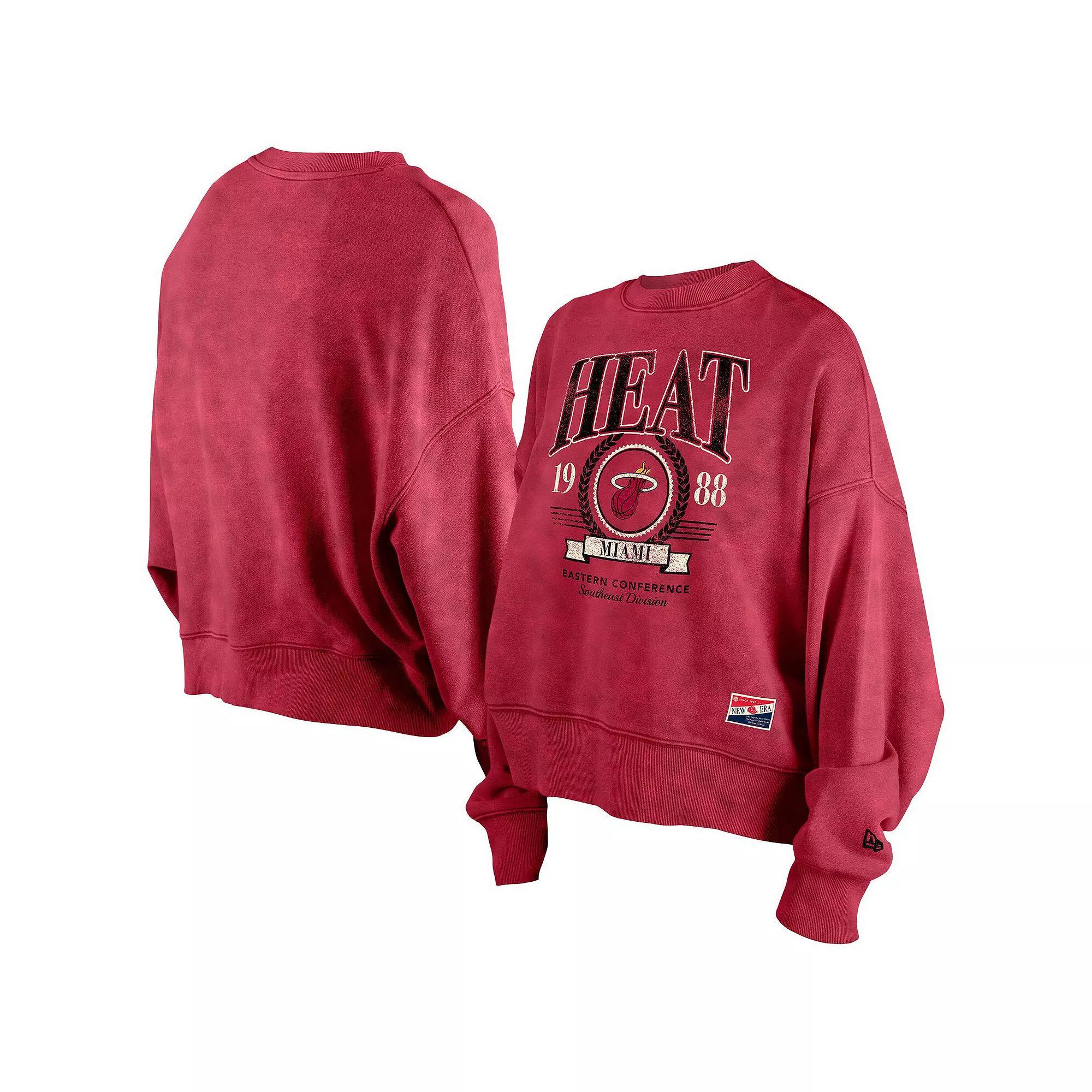 Women's New Era  Red Miami Heat Hardwood Classics Enzyme Wash Oversized Boxy Pullover Sweatshirt, Size: XL Product Image