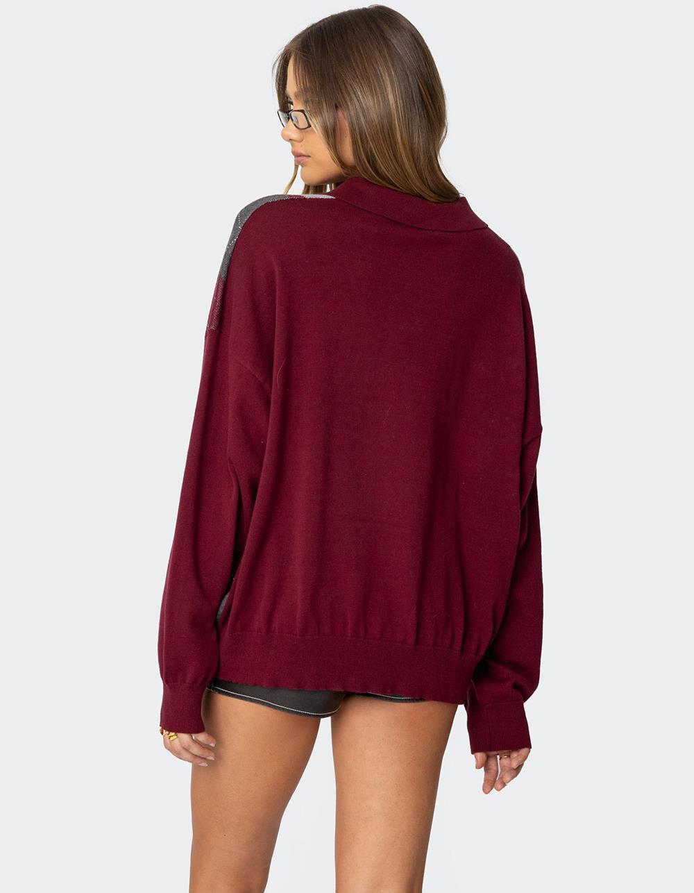 EDIKTED Argyle Oversized Polo Sweater - DK RED Product Image