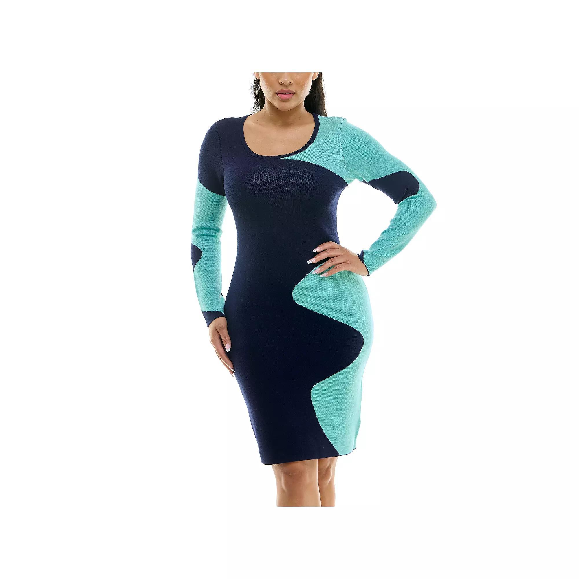Women's Nina Leonard Colorblock Ribbed Dress, Size: Large, Navy Green Product Image