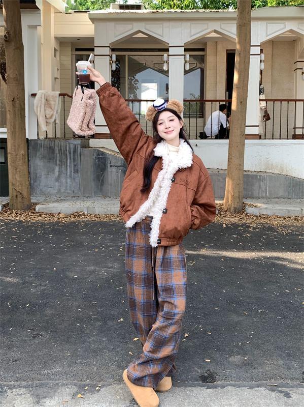 Stand Collar Fleece-Lined Button Aviator Jacket / Drawstring Waist Plaid Wide Leg Pants Product Image