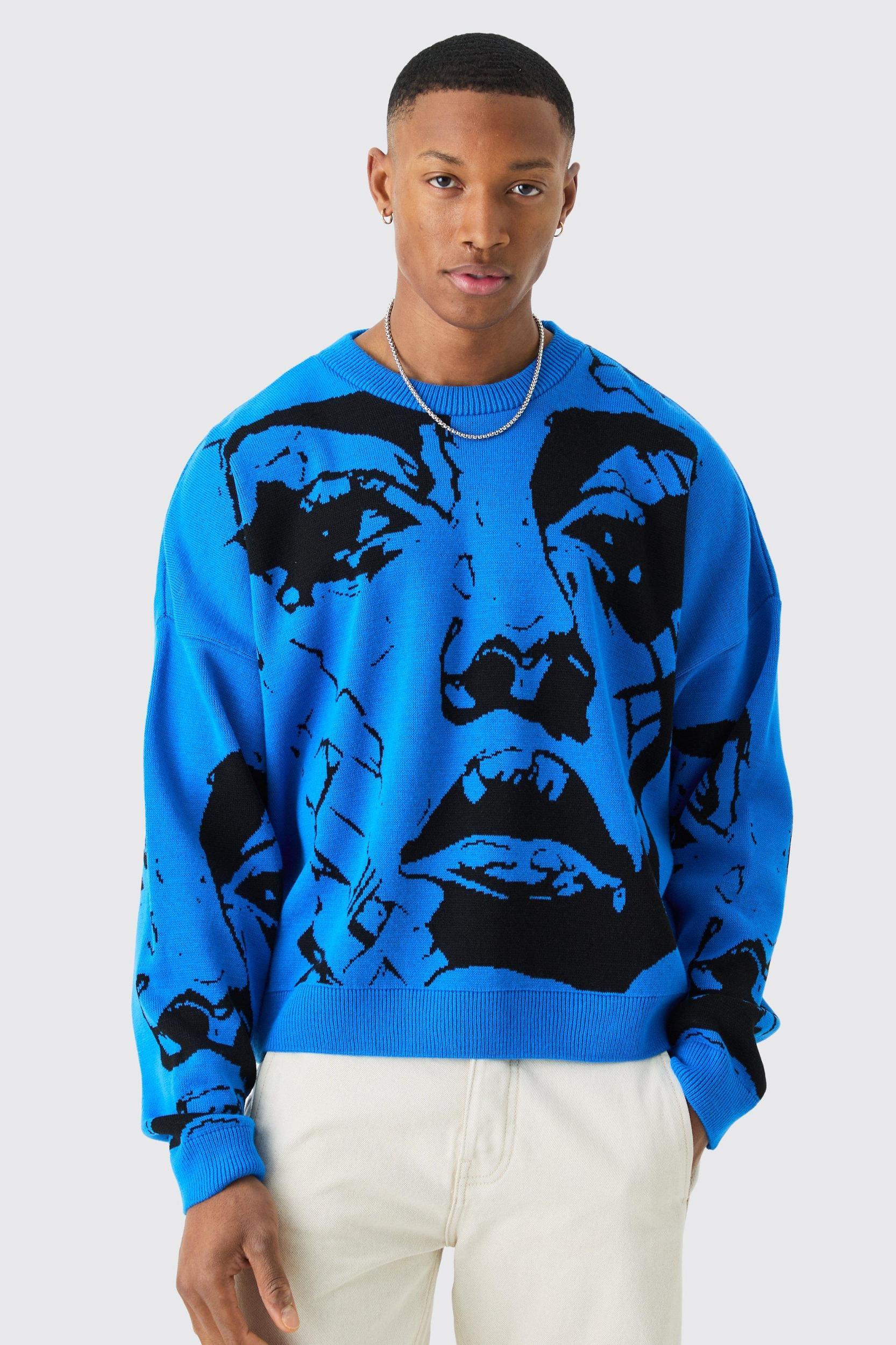 Oversized Boxy Drop Shoulder Face Jacquard Knit Sweater | boohooMAN USA Product Image