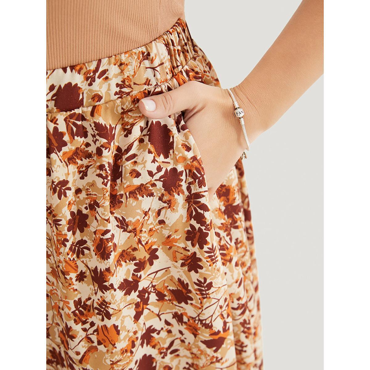 Plus Size Plant Print Pocket Elastic Waist Ruffle Hem Skirt Women Rust Elegant No stretch Pocket Dailywear Skirts BloomChic 10/M Product Image