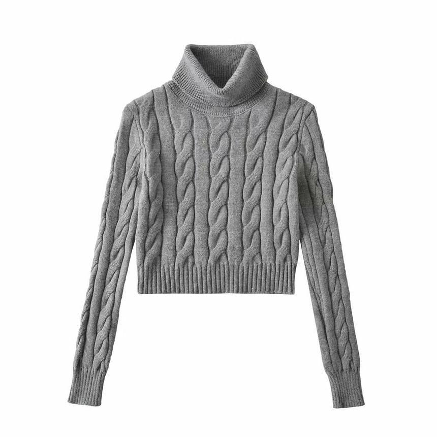 Turtleneck Cable Knit Plain Crop Sweater Product Image