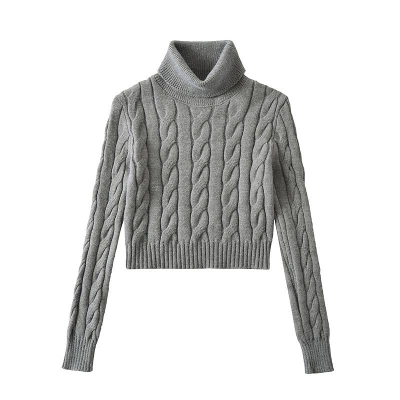 Turtleneck Plain Cable Knit Cropped Sweater Product Image