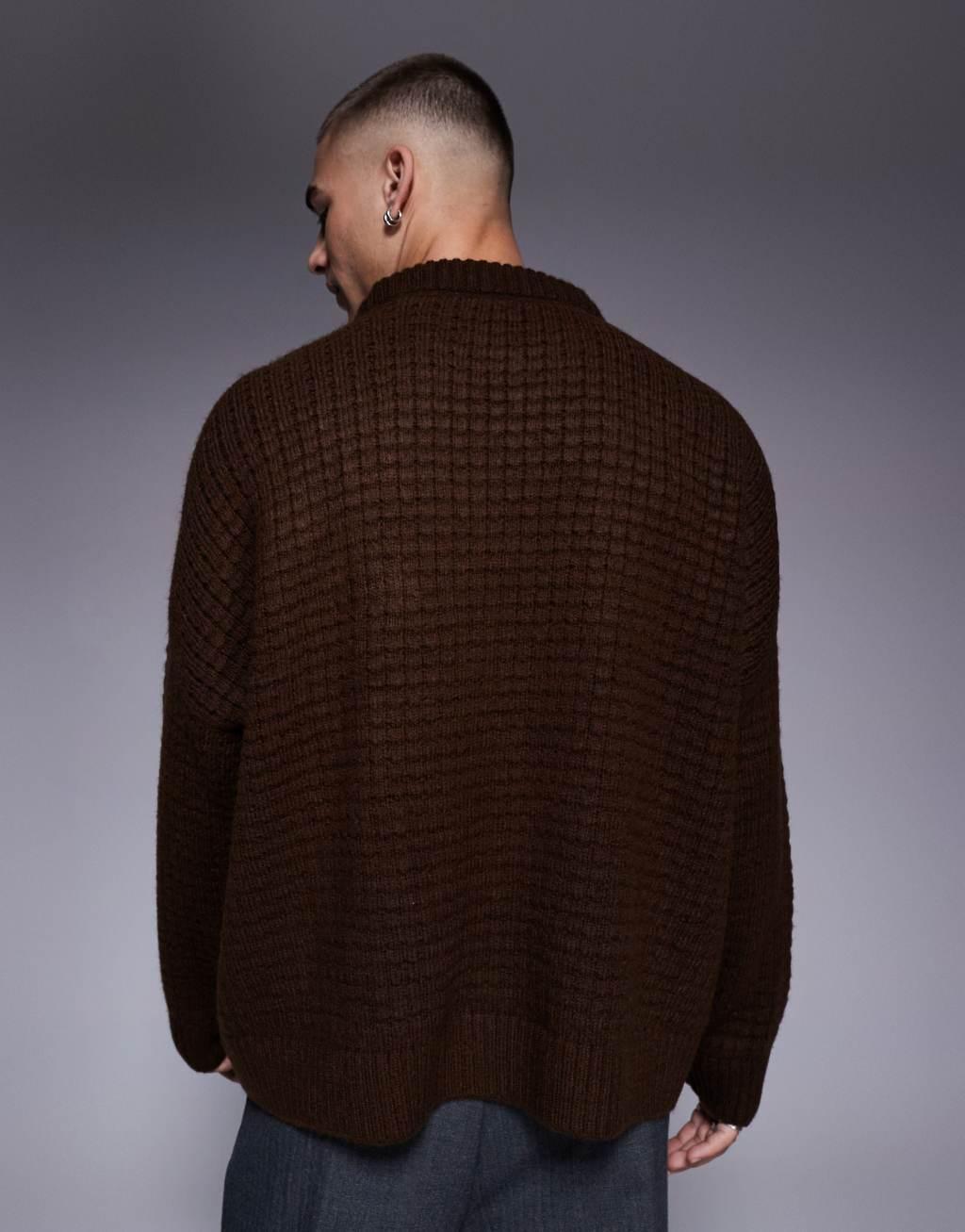 ASOS DESIGN super oversized boxy fit waffle texture knit crew neck sweater in brown Product Image