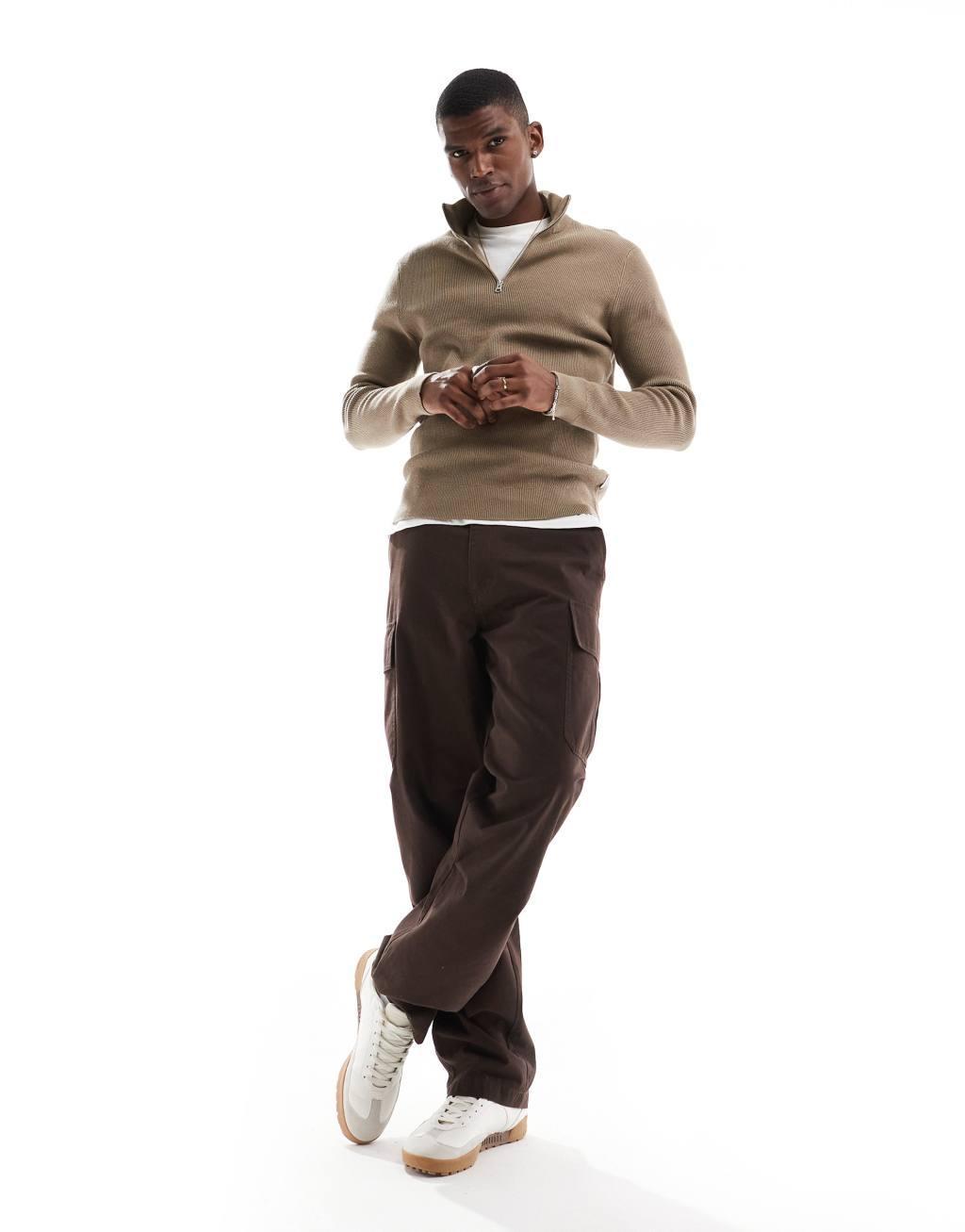 ONLY & SONS ribbed half zip sweater in light brown Product Image
