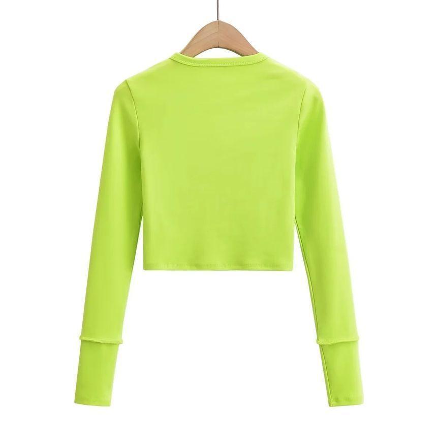 Long-Sleeve Round Neck Plain Crop Tee Product Image