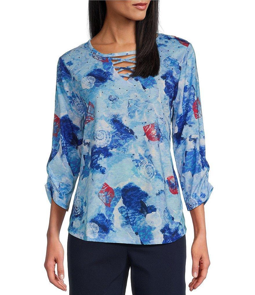 Allison Daley Shell Melange Print 3/4 Sleeve Crew Neckline Knit Top Product Image