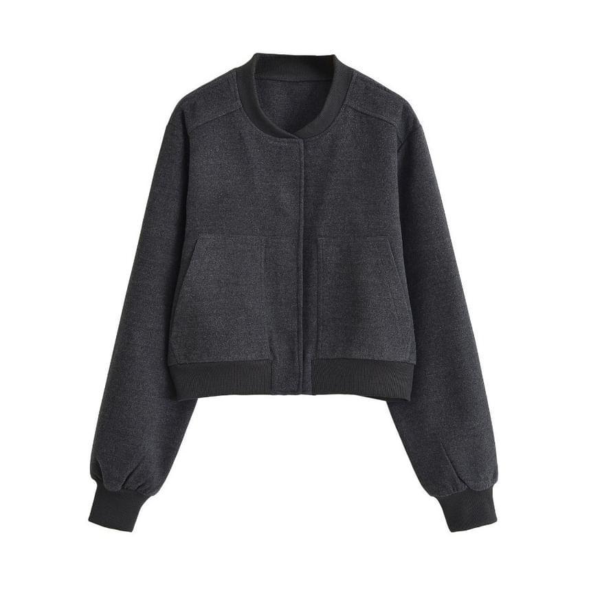 Stand Collar Plain Button-Up Crop Jacket Product Image