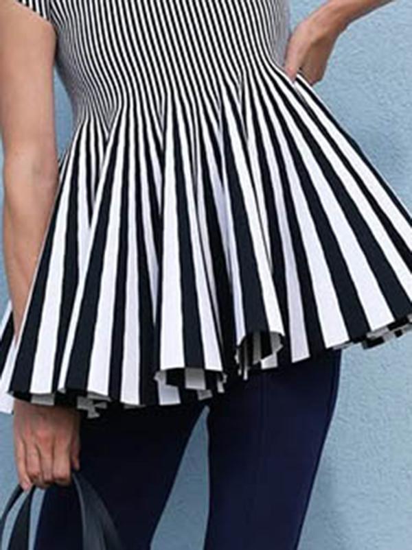 Short Sleeves Pleated Split-Joint Striped Patterns Lapel Blouses&Shirts Tops Product Image