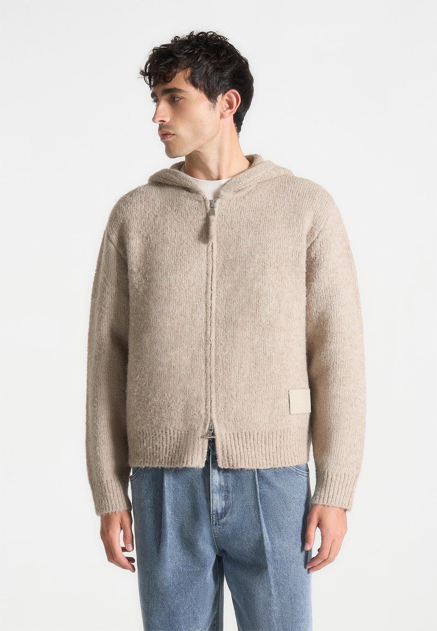 Mohair-Blend Zip Through Hoodie - Beige Male Product Image