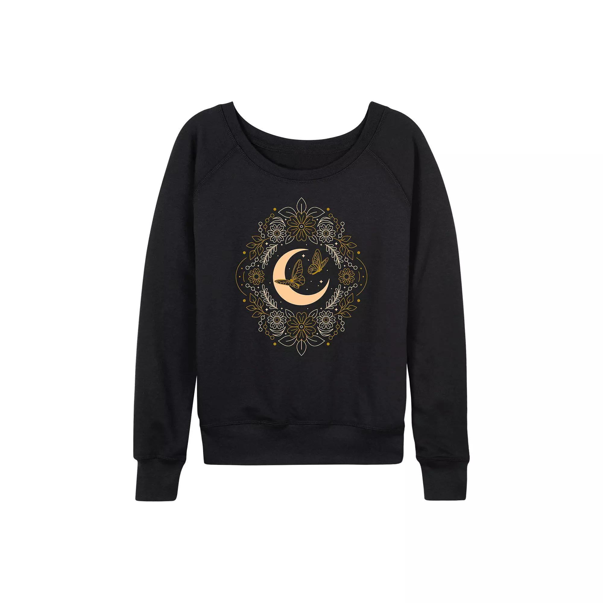 Women's Celestial Florals & Butterflies French Terry Long Sleeve Tee, Size: Large, Black Product Image