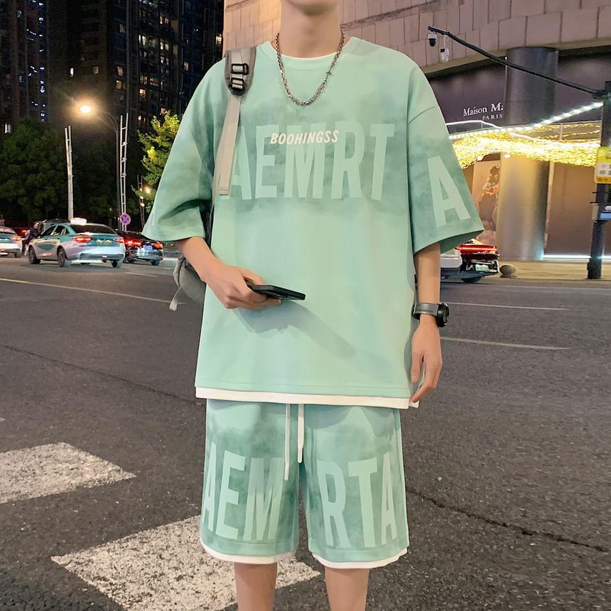 Set: Elbow-Sleeve Crewneck Lettering T-Shirt + Sweatshorts Product Image