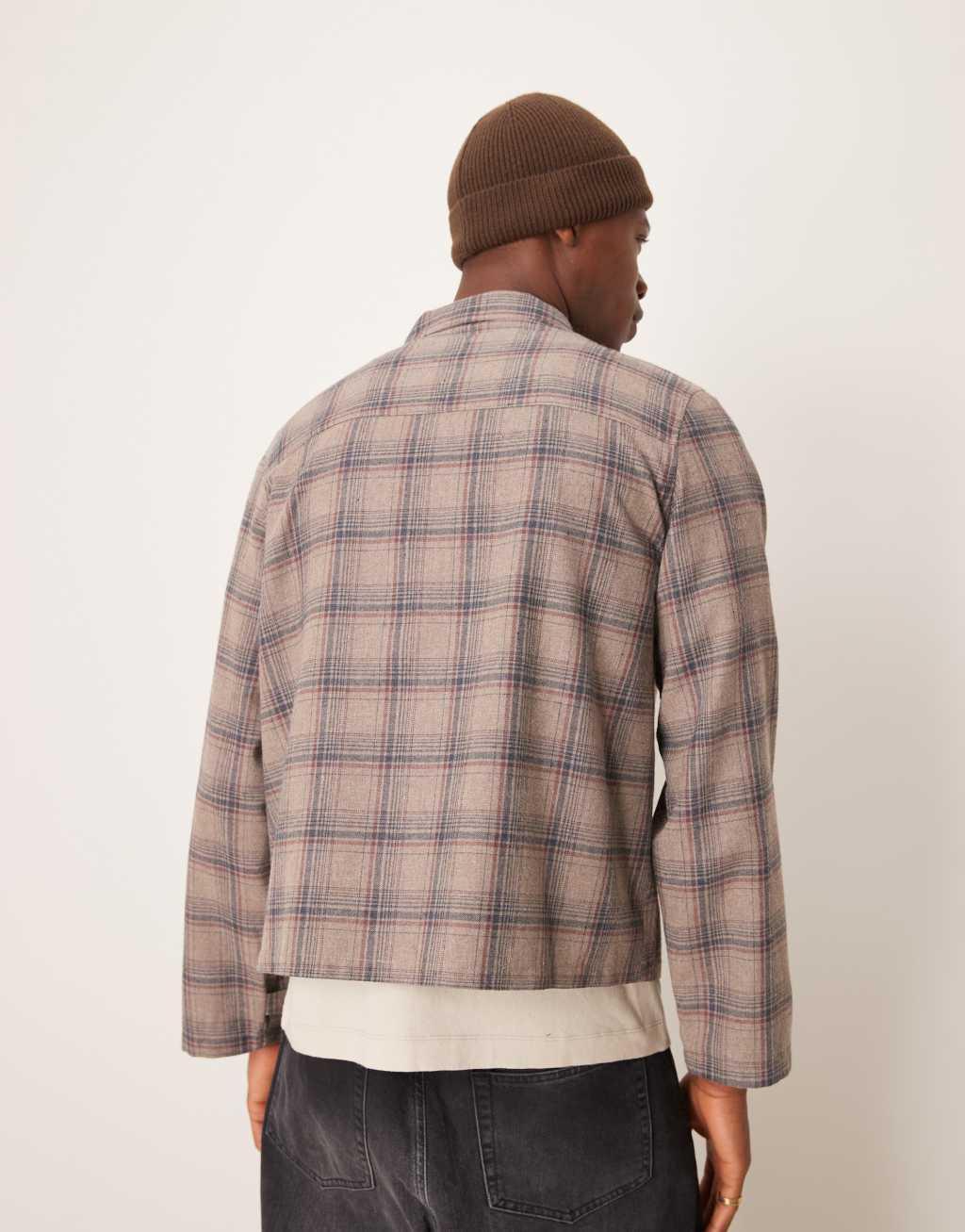 ASOS DESIGN relaxed boxy zip up shacket in brushed brown plaid Product Image