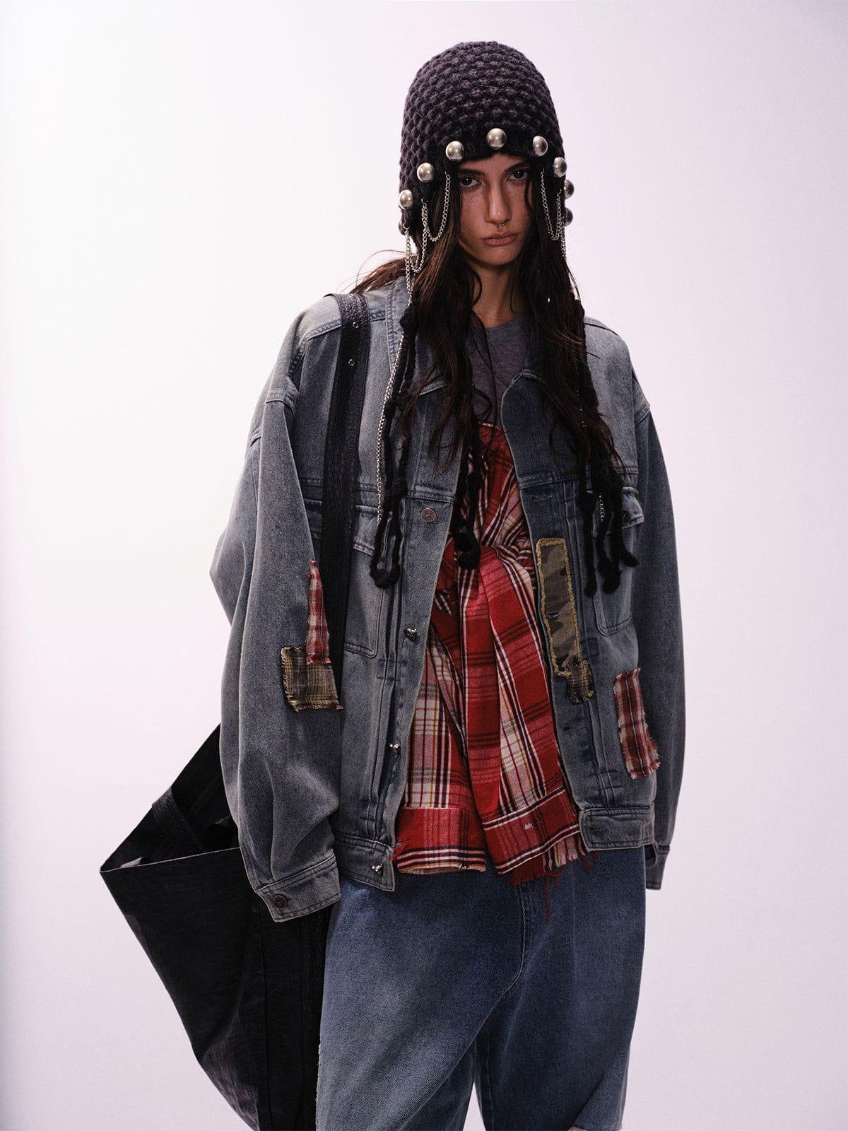 Aelfric Eden Plaid Patchwork Washed Denim Jacket Product Image