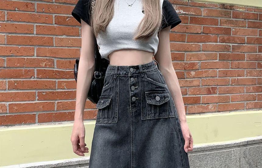 High Rise Washed Denim Maxi A-Line Skirt Product Image