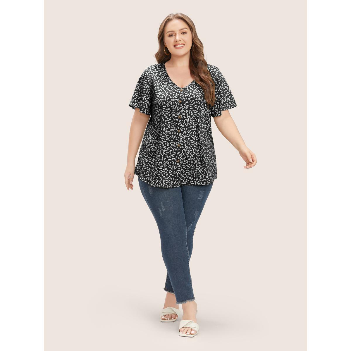 Plus Size Black Ditsy Floral Ruffle Sleeve Button Detail Blouse Women Elegant Short sleeve V-neck Everyday Blouses BloomChic 10/M Product Image