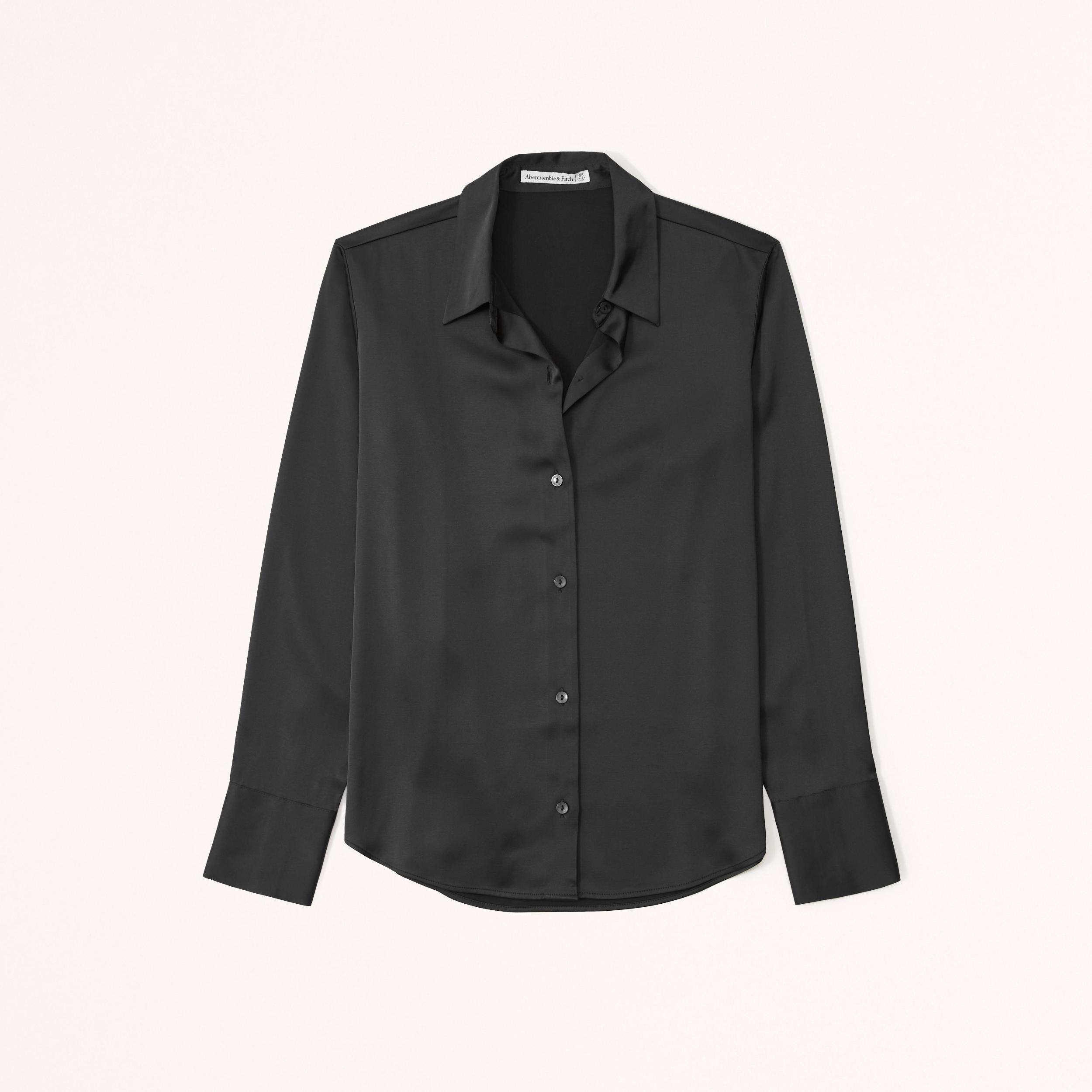 Long-Sleeve Satin Button-Up Shirt Product Image
