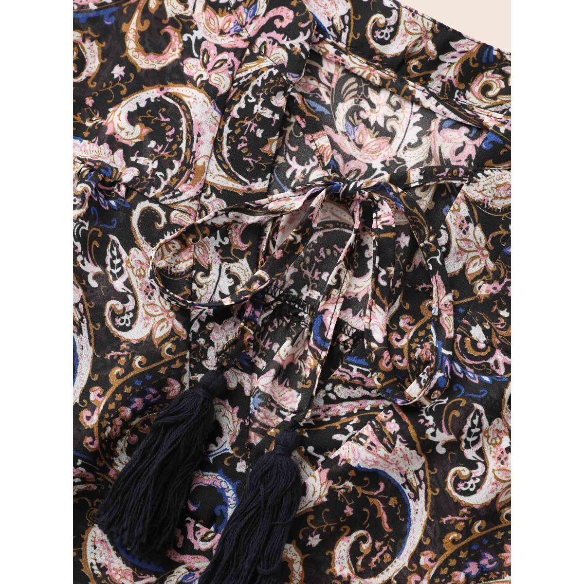 Plus Size Black Chiffon Paisley Tassels Tie Knot Blouse Women Resort Long Sleeve V-neck Vacation Blouses BloomChic 28/5X Product Image