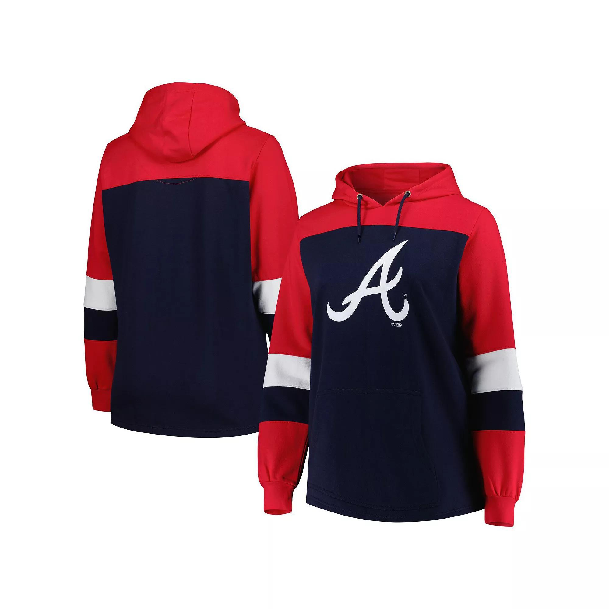 Women's Navy Atlanta Braves Plus Size Colorblock Pullover Hoodie, Size: 2XL, Blue Product Image