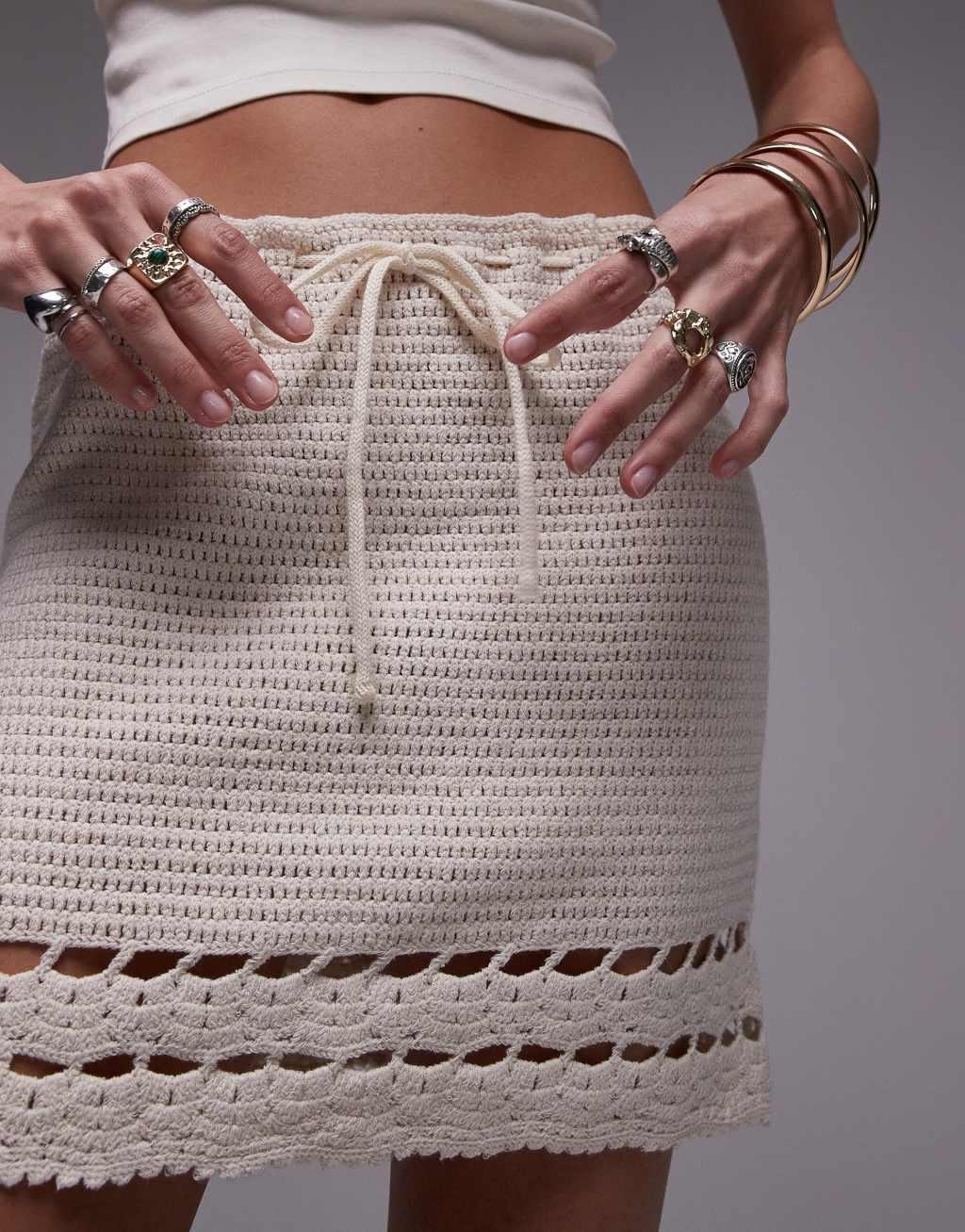 Topshop knitted crochet trim mini skirt in stone Product Image