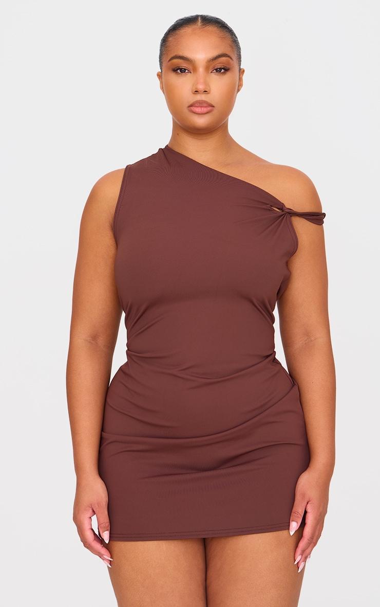 Plus Chocolate Contour Sleeveless Knot Detail Mini Dress Product Image