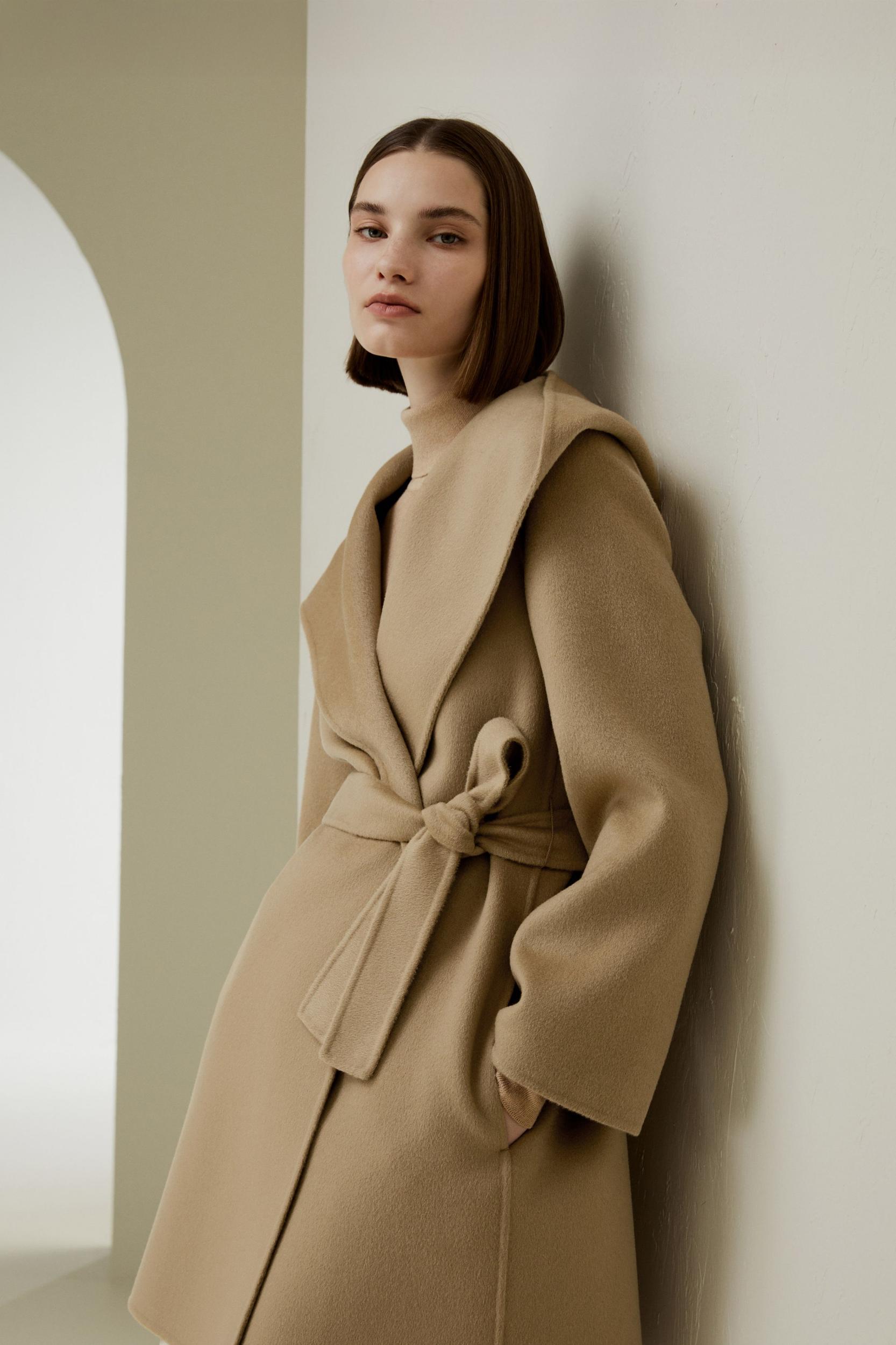 Cashmere-Wool-Blend Belted Short Hooded Coat Product Image
