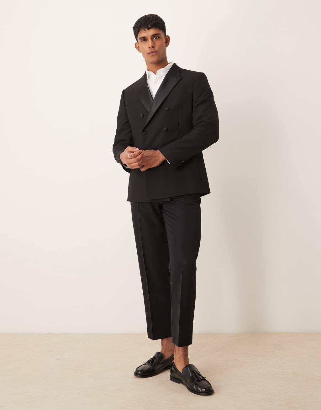 ASOS DESIGN slim double breasted tuxedo blazer in black Product Image
