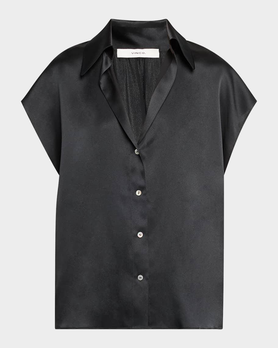 Cap-Sleeve Ruched-Back Silk Blouse Product Image
