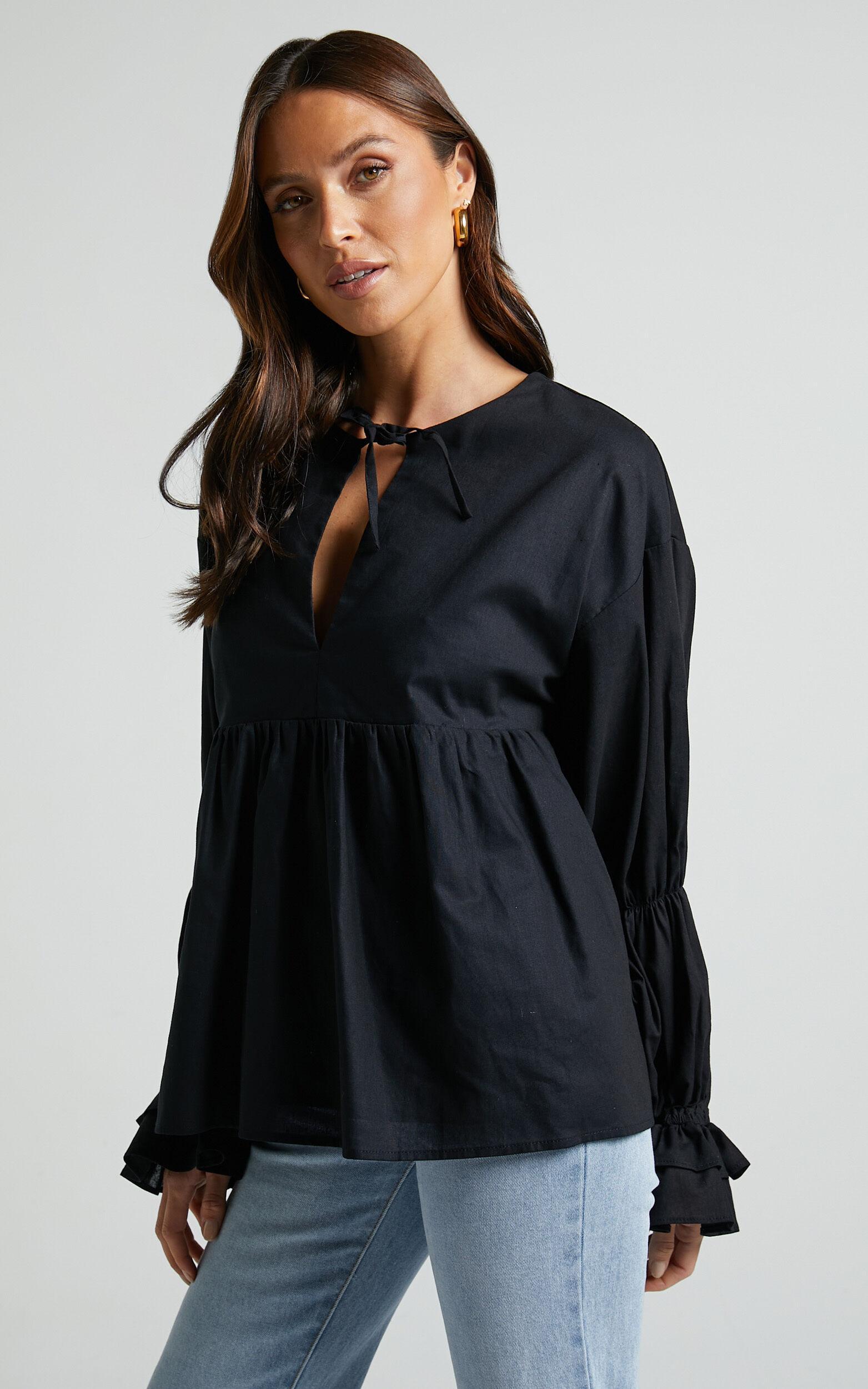 Arthur Top - Linen Look Long Sleeve V Neck Tiered Top in Black Product Image