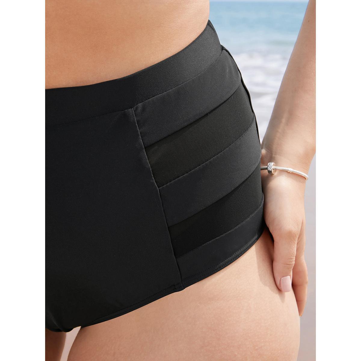 Plus Size Plain Mesh Insert Swim Bottom Women's Swimwear Black Vacation Plain High stretch Skinny High Rise Curve Swim Bottoms BloomChic 12/L Product Image