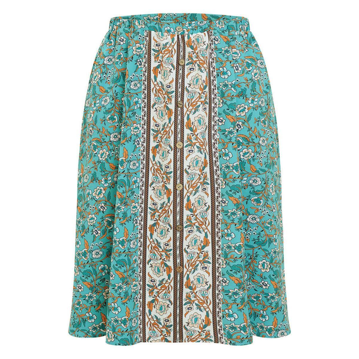 Plus Size Bandana Print Pocket Button Detail Skirt Women Turquoise Vacation Printed No stretch Dailywear Skirts BloomChic 22-24/3X Product Image