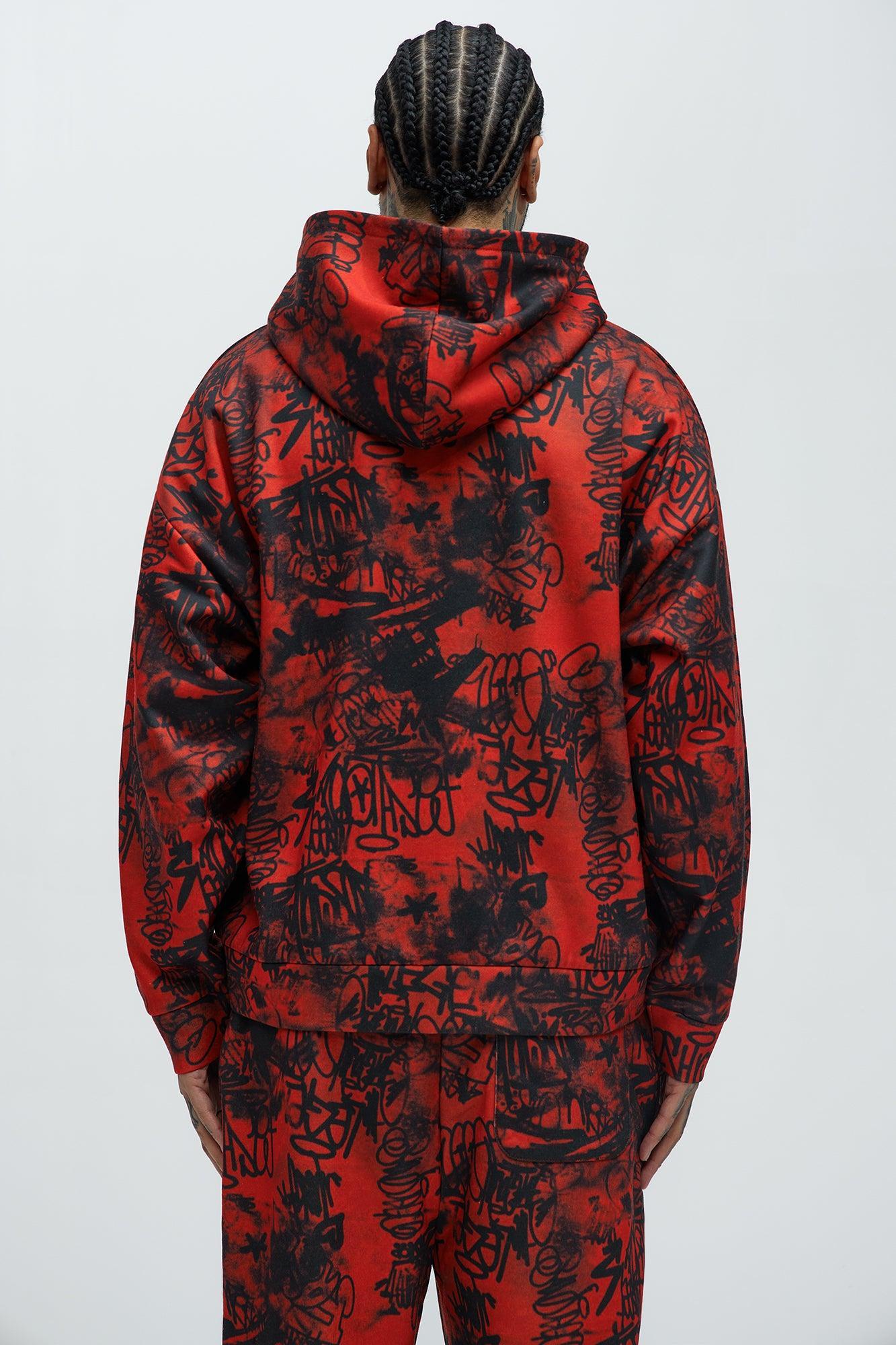 Vandal Oversized Graffiti Zip Up Hoodie - Red Product Image