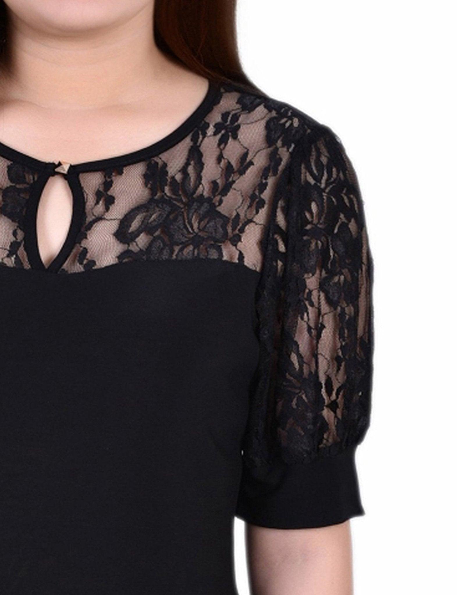 Black Short Puff Sleeve Top With Lace Sleeves And Yoke - Petite Product Image