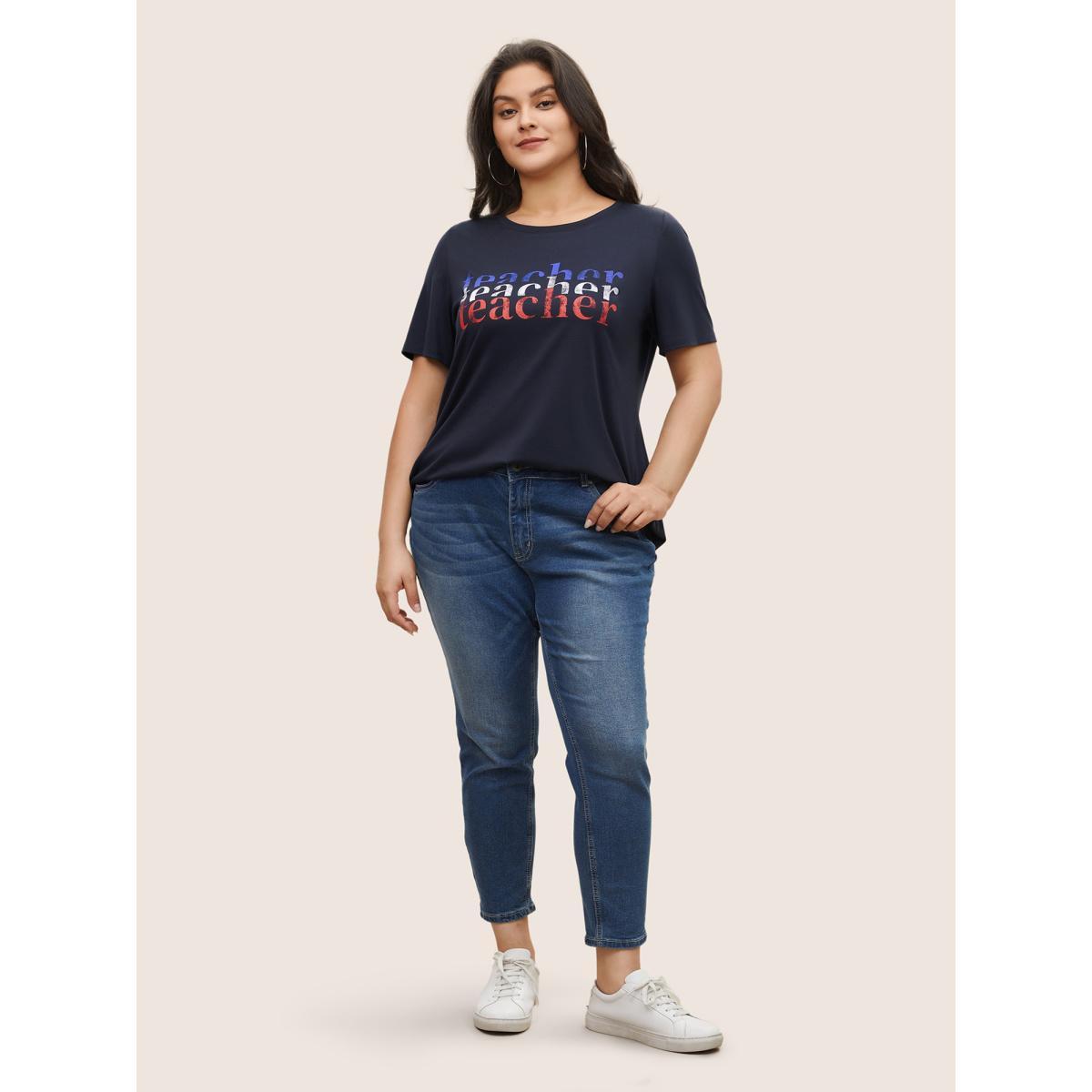 Plus Size Letter Print Contrast Round Neck T-shirt Midnight Women Casual Non Art&design Everyday T-shirts BloomChic 22-24/3X Product Image