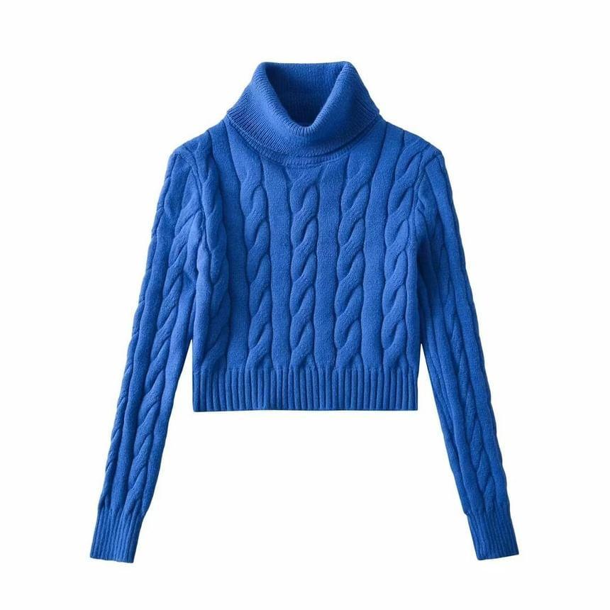 Turtleneck Cable Knit Plain Crop Sweater Product Image