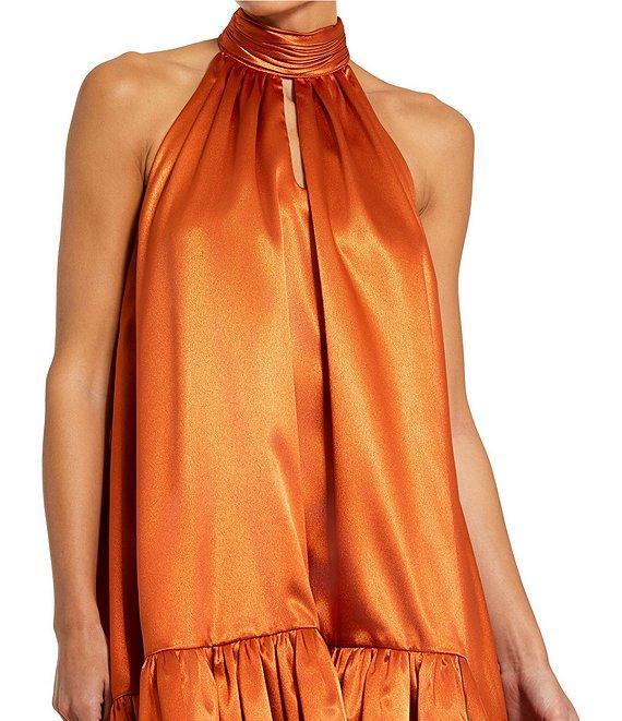 Mac Duggal Satin Halter Mock Neck Sleeveless Ruffle Hem High Low Mini Dress Product Image