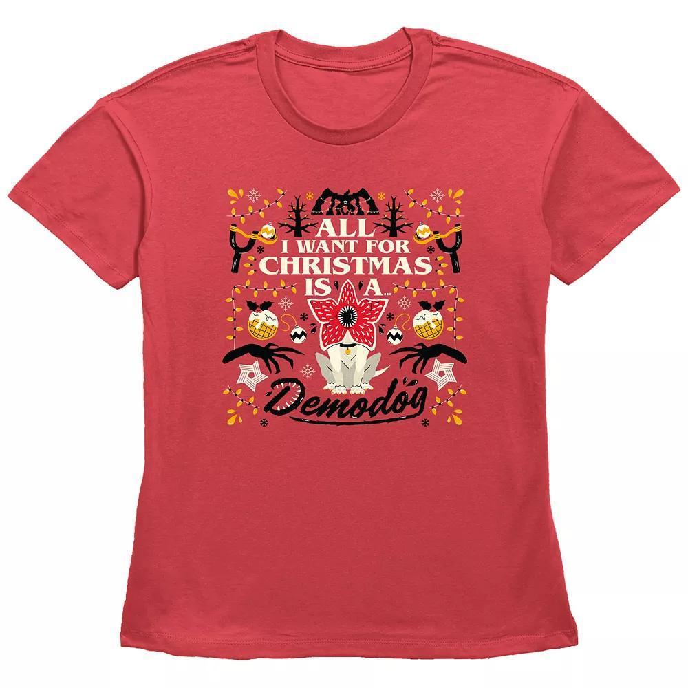 Women's Stranger Things All I Want For Christmas Is A Demodog Graphic Tee, Size: Large, Red Product Image