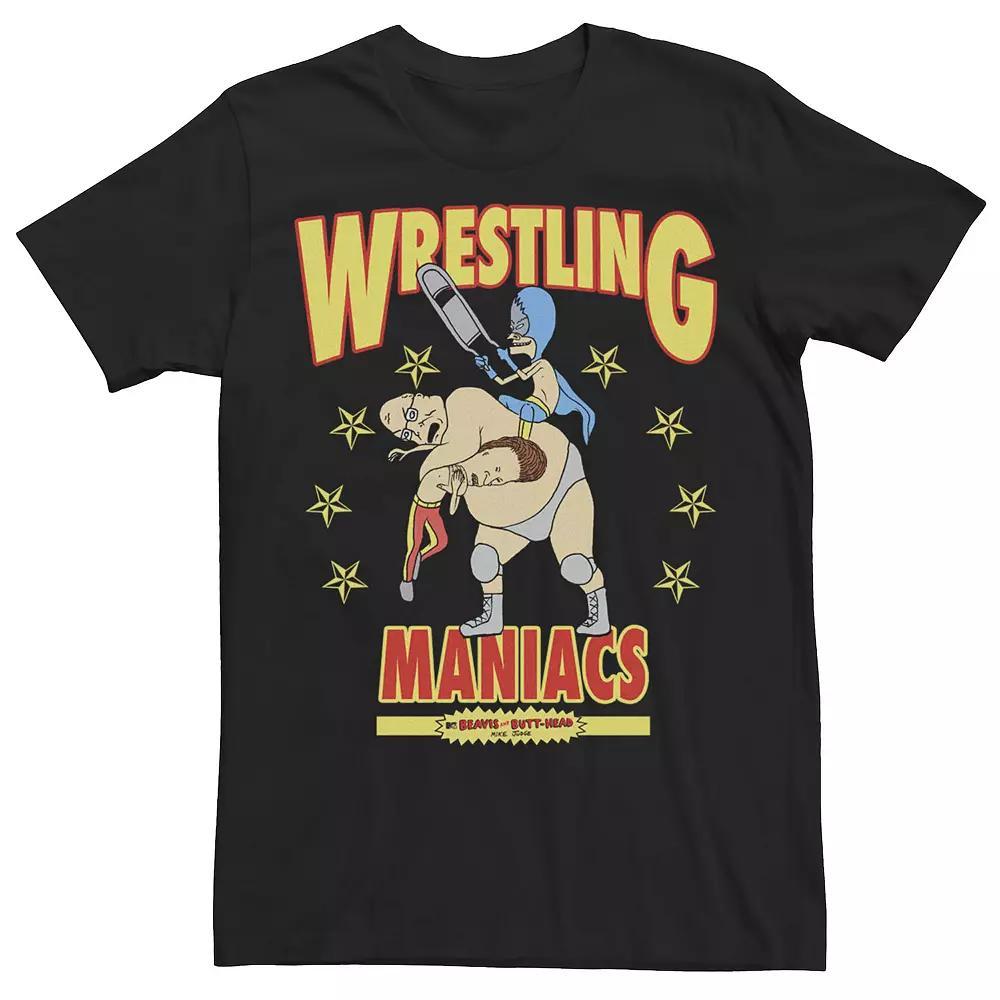 Mens Beavis & Butthead Wrestling Maniacs Portrait Poster Tee Red Grey Product Image