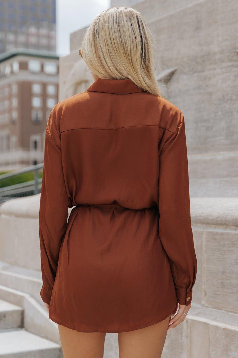 Belted Button Down Satin Romper - Brown - FINAL SALE Product Image