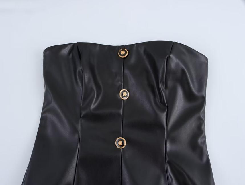 Strapless Two Tone Faux Leather Panel Button Midi A-Line Dress Product Image