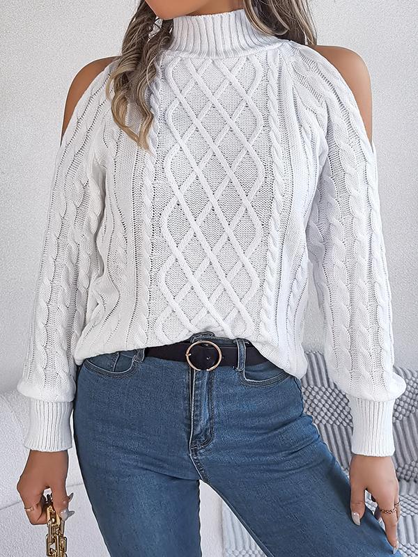 Long Sleeves Loose Hollow Solid Color Cold Shoulder Pullovers Sweater Tops Product Image
