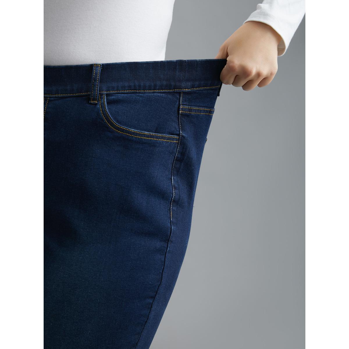 Plus Size Elastic Waist Mid Rise Skinny Jeans Women Denimindigo Elegant Medium stretch Slanted pocket Jeans BloomChic 10/M Product Image