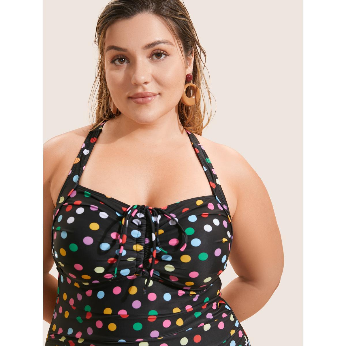 Plus Size Colored Polka Dot Ties Ruched One Piece Swimsuit Women's Swimwear Black Beach Tie knot Curve Bathing Suits High stretch One Pieces BloomChic 12/L Product Image