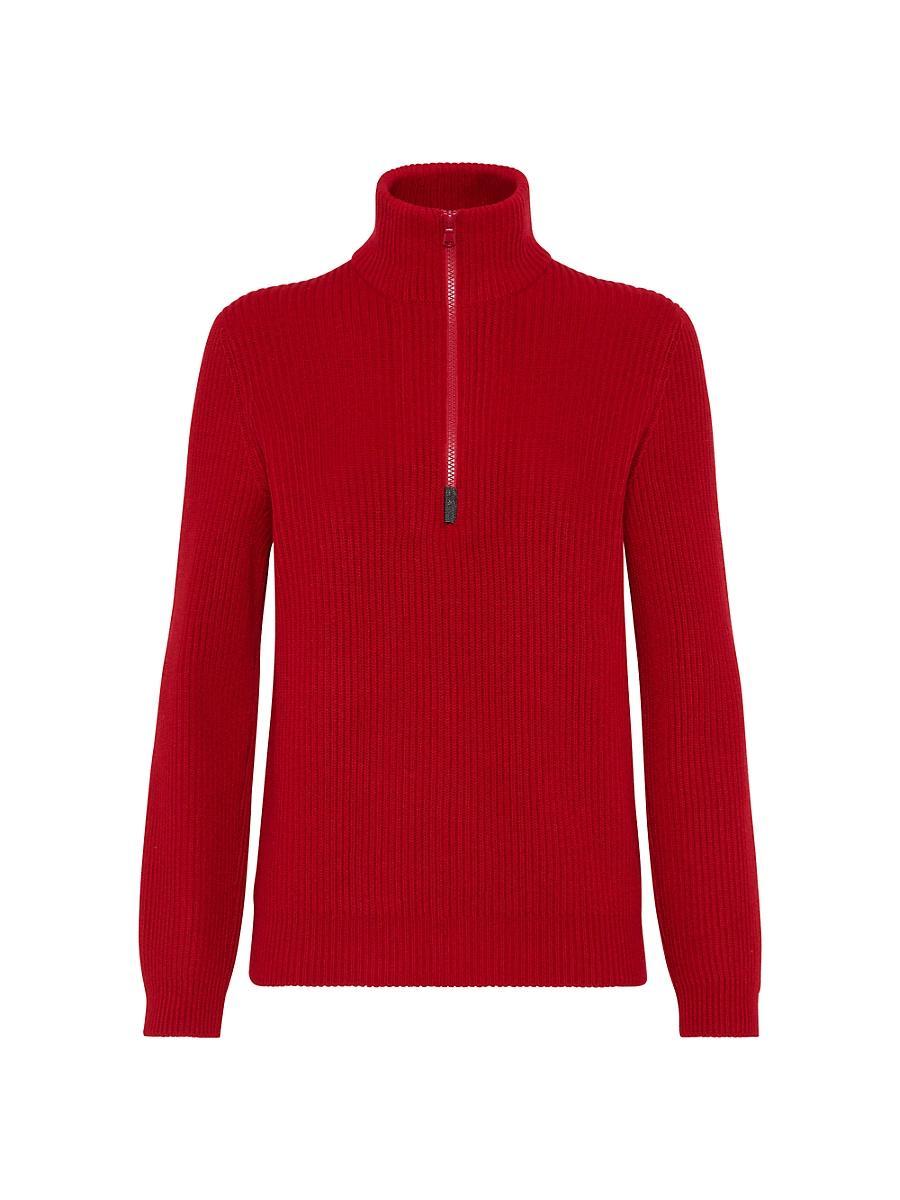 Womens Cashmere English Rib Sweater with Half Zip and Shiny Detail Product Image