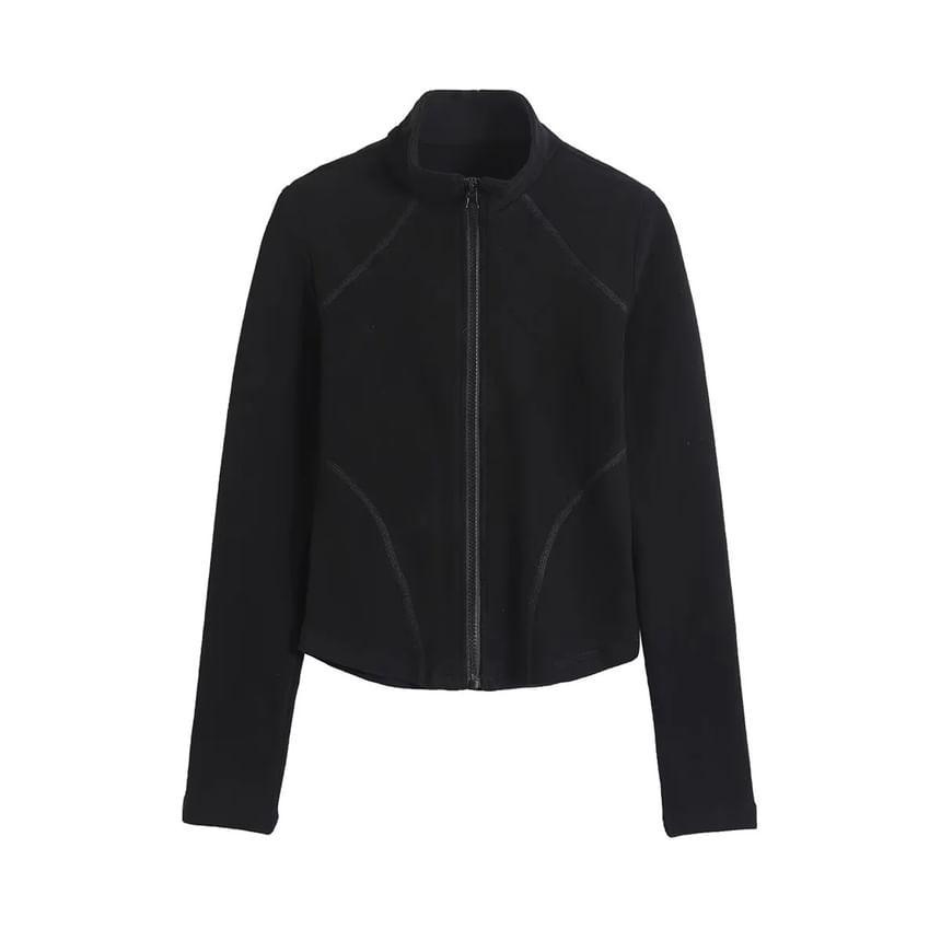 Stand Collar Plain Zip Up Cropped Jacket Product Image