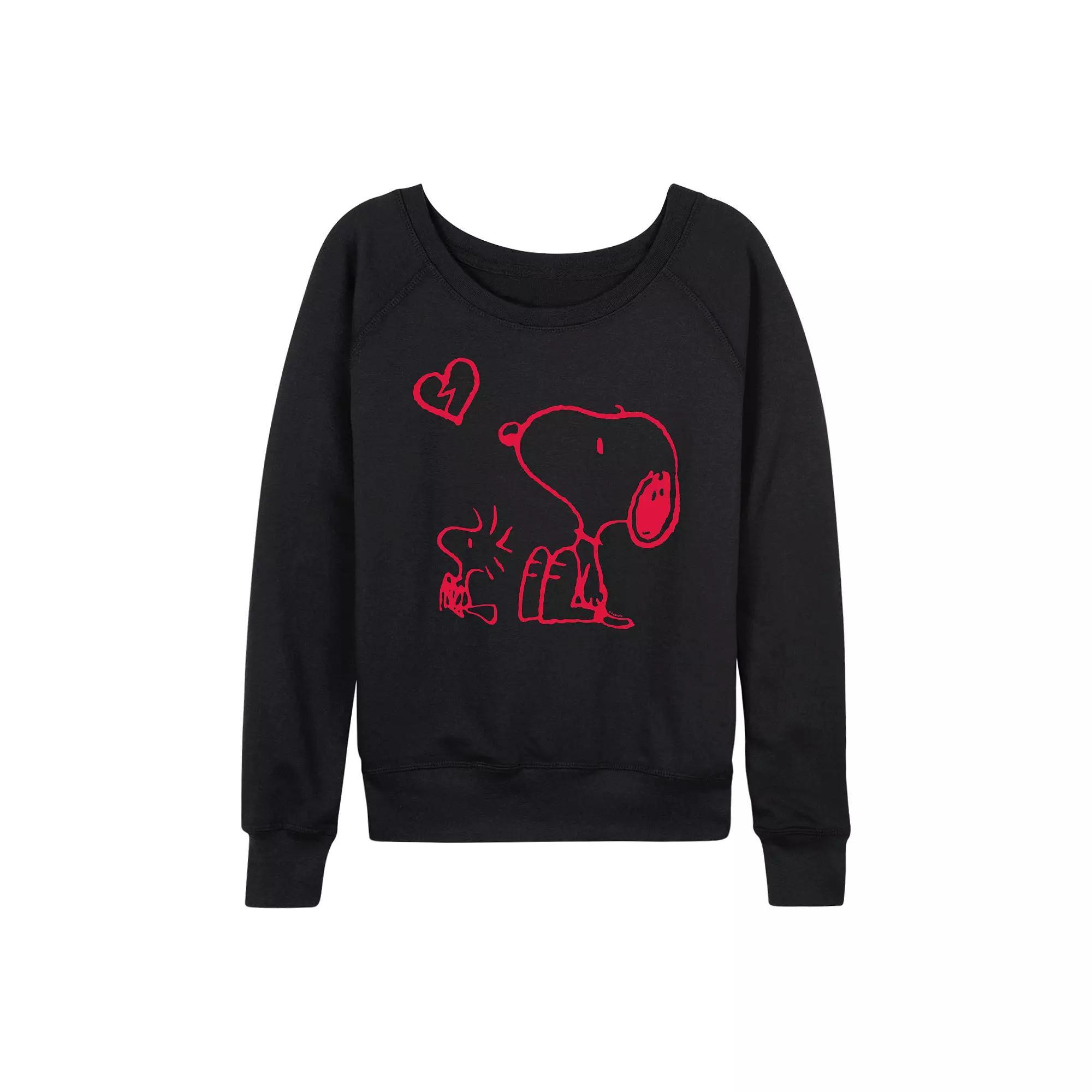 Women's Peanuts Broken Heart French Terry Long Sleeve Tee, Size: Medium, Black Product Image
