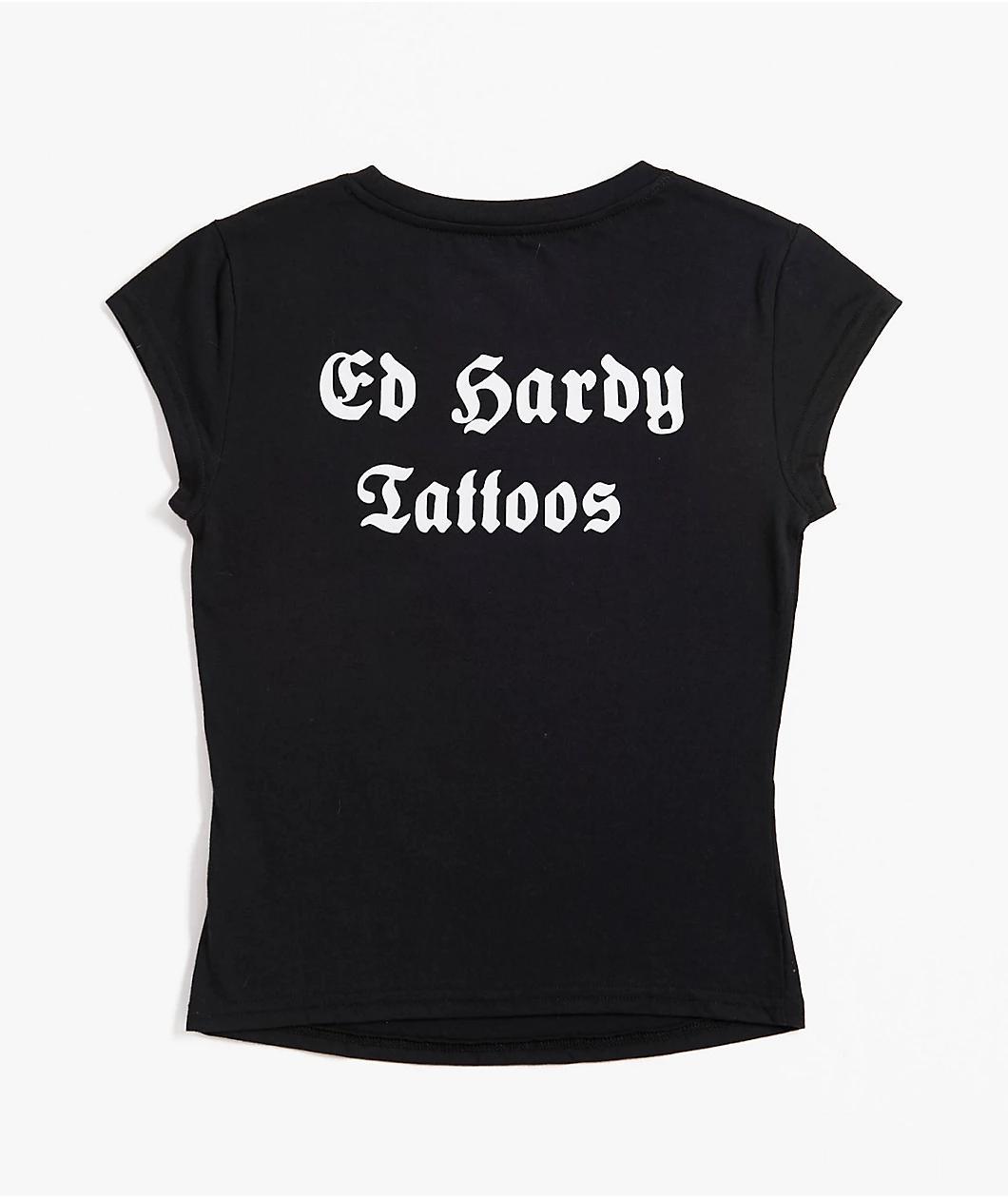 Ed Hardy Rose Rhinestone Cap Sleeve Black T-Shirt Product Image